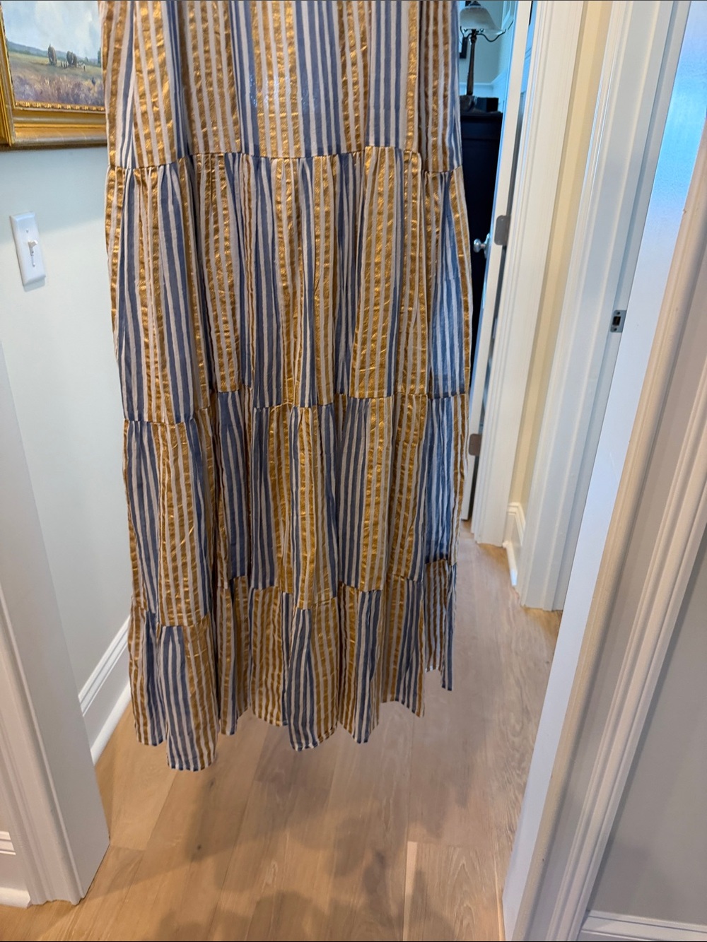 Oliphant Sleeveless Blue cream and gold Striped Tiered Maxi Dress - Picture 9 of 11